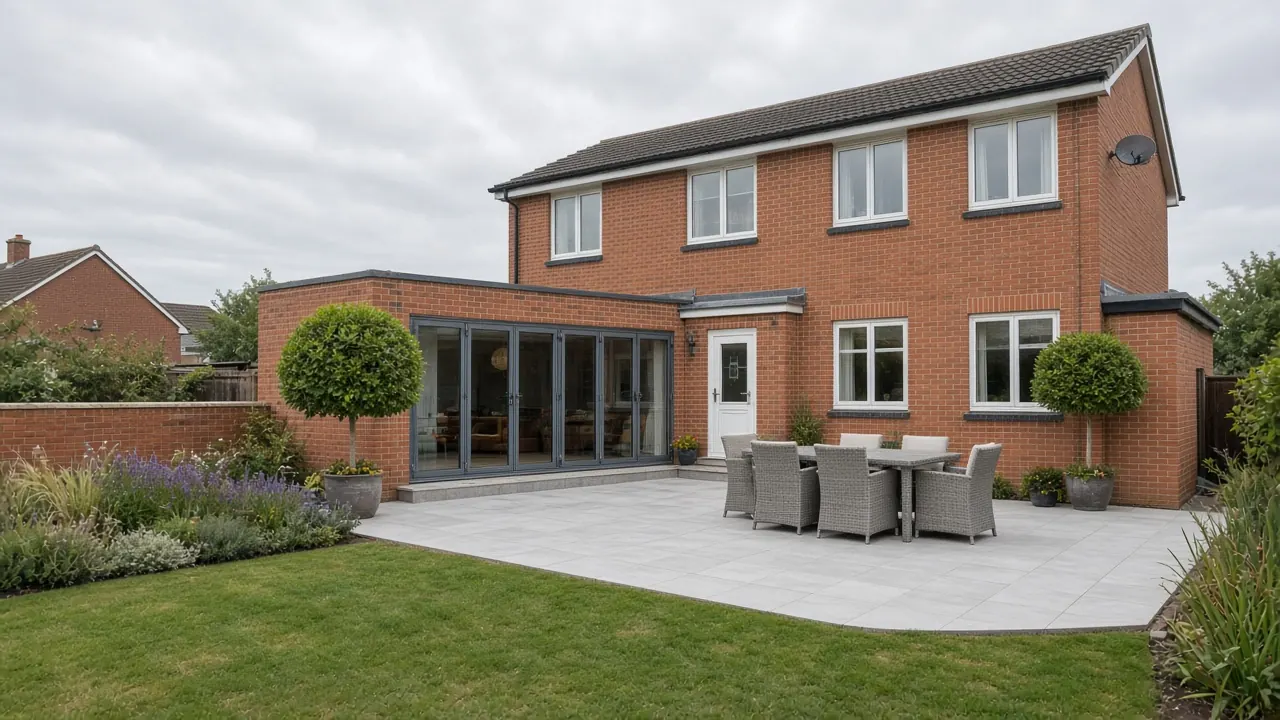 Example image: a large light grey patio with a dining set behind a detached red-brick house